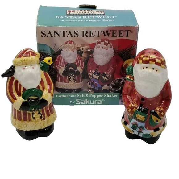 Vintage 90s Sakura Salt & Pepper Shaker Santa Retweet New Debbie Mumm - Picture 1 of 9